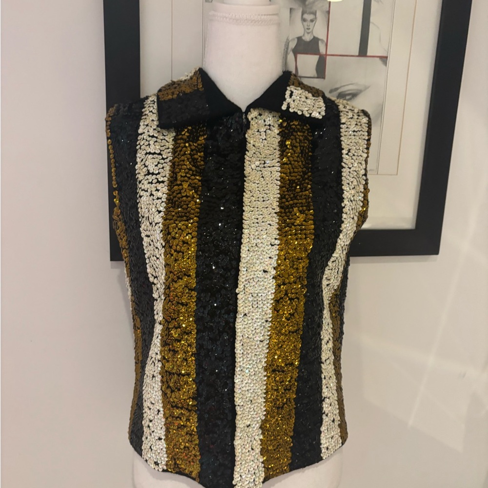 Vintage Sequin Striped Sleeveless Top - Black, Gold, White